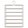 A white foldable multi-layer pants hanger organizer with multiple hanging bars.