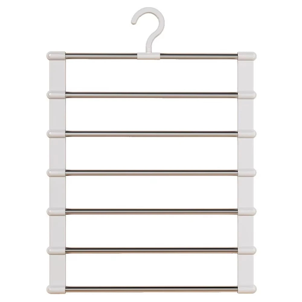 A white foldable multi-layer pants hanger organizer with multiple hanging bars.