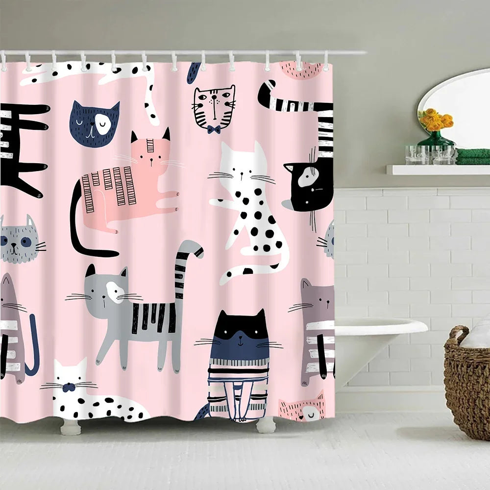 A pink and black cartoon cat pattern shower curtain featuring various feline illustrations.