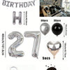 Un set de globos con números y corazones de papel metálico plateado y negro, con relleno similar al chocolate.