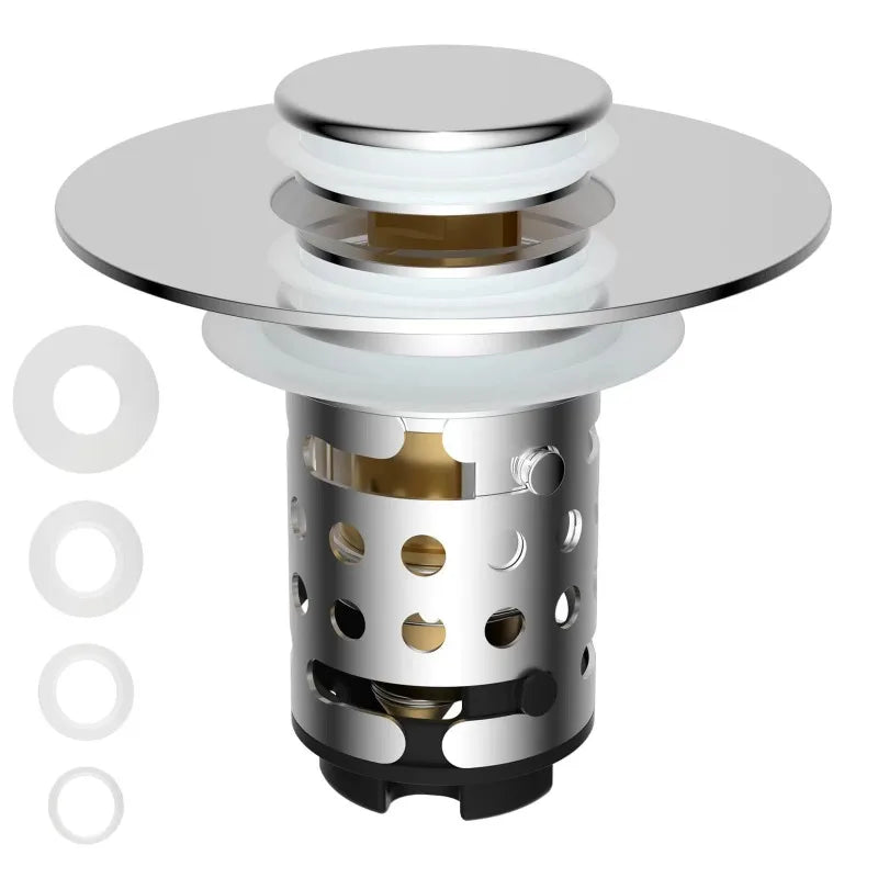 Silberner Waschtischabflussfilter mit abnehmbarem Maschenaufsatz und Schutzdeckel.