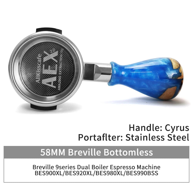 Portafiltro Breville de 58mm en acero inoxidable con mango azul para máquinas de espresso