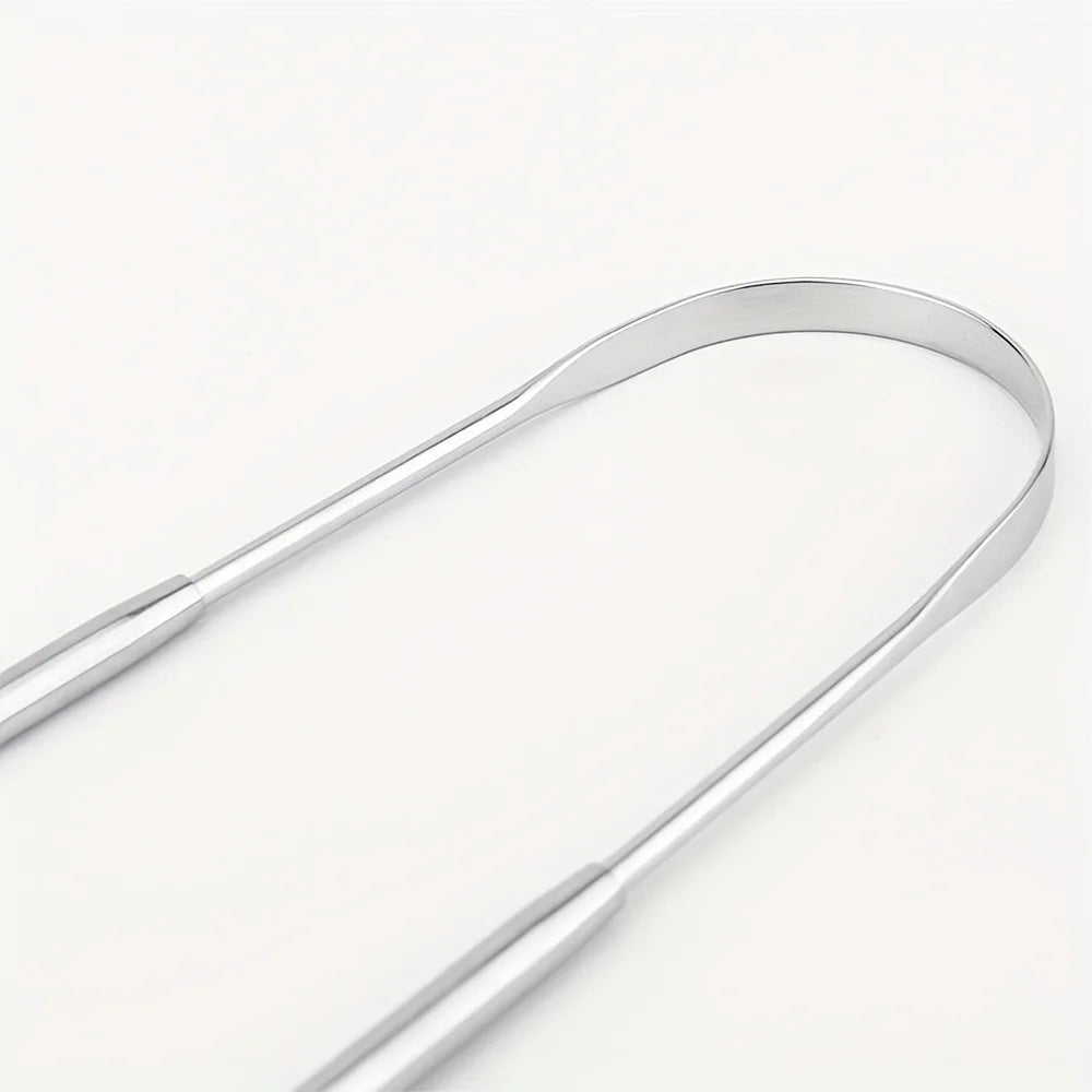 A stainless steel tongue scraper tool shown against a white background.