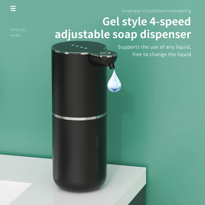 Dispenser ajustable de jabón negro de 4 velocidades con gota líquida clara, mostrado en una superficie blanca.