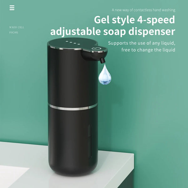 A black gel style 4-speed adjustable soap dispenser with a clear liquid droplet, displayed on a white surface.