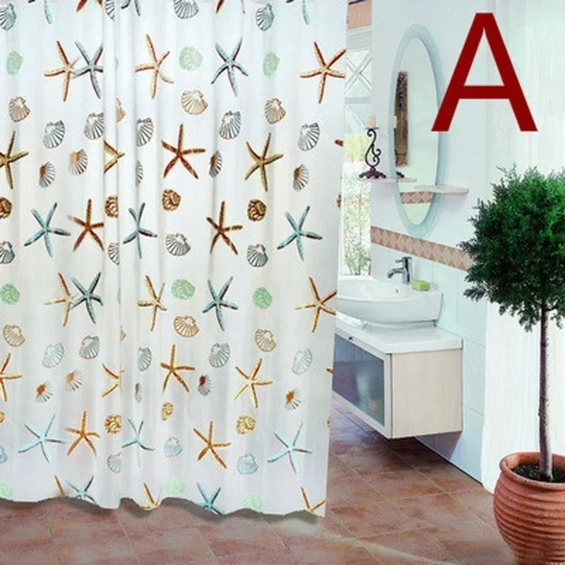 A white shower curtain featuring starfish and seashell patterns in gold, teal, and green tones in a bathroom setting.