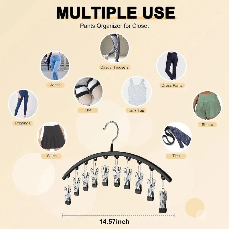 Anzeige von gebogenen Haken mit Mehrzweckclips zur Organisation von Hosen, Jeans, Röcken, Leggings und Accessoires im Kleider