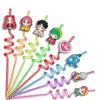 A set of colorful, wavy, plastic straws decorated with K-Pop themed characters for birthday party decor.