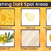 Collage d'ingrédients pour les taches sombres : curcuma, vitamine C, rétinol, acide hyaluronique, huile d'olive, s