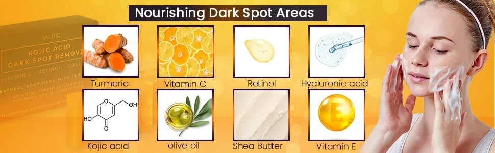 Collage d'ingrédients pour les taches sombres : curcuma, vitamine C, rétinol, acide hyaluronique, huile d'olive, s