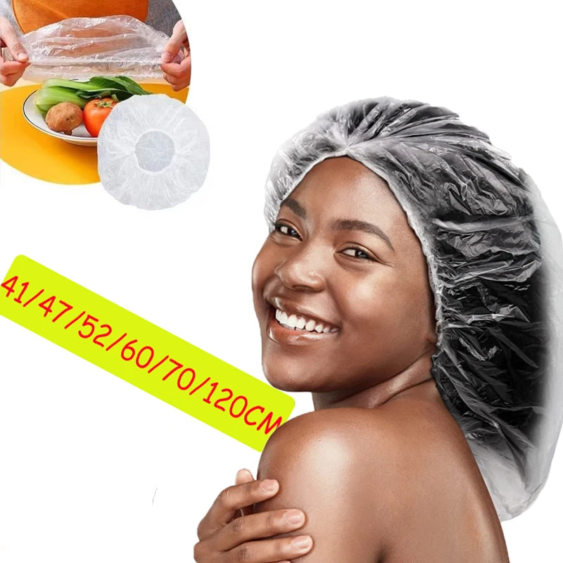 A woman is shown wearing a reusable disposable shower cap for food storage, with a white circular item nearby.