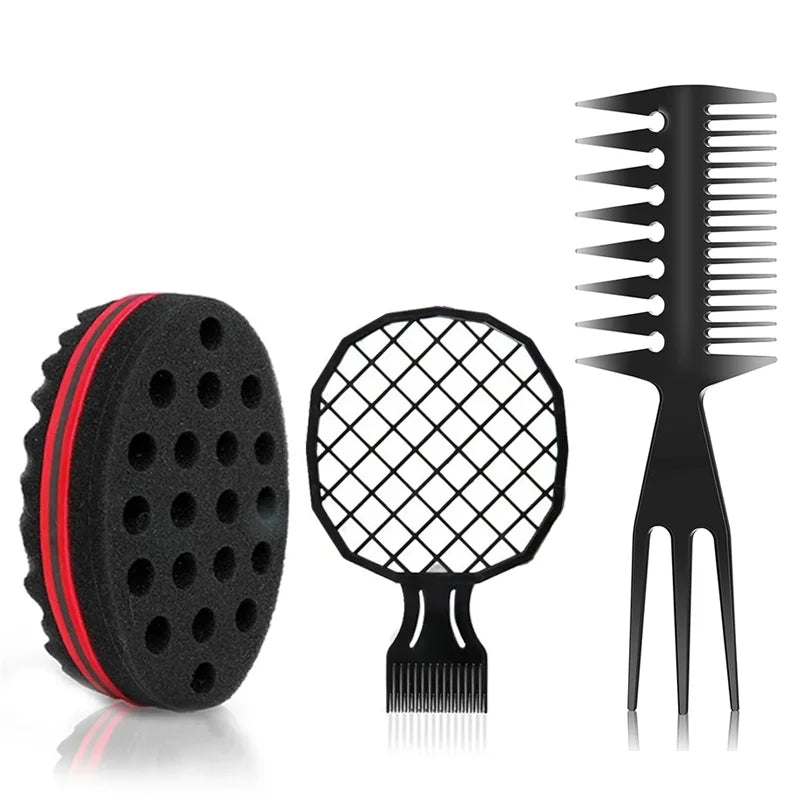 A black hair styling kit featuring a rubberor roller, a mesh comb, and a fork comb.