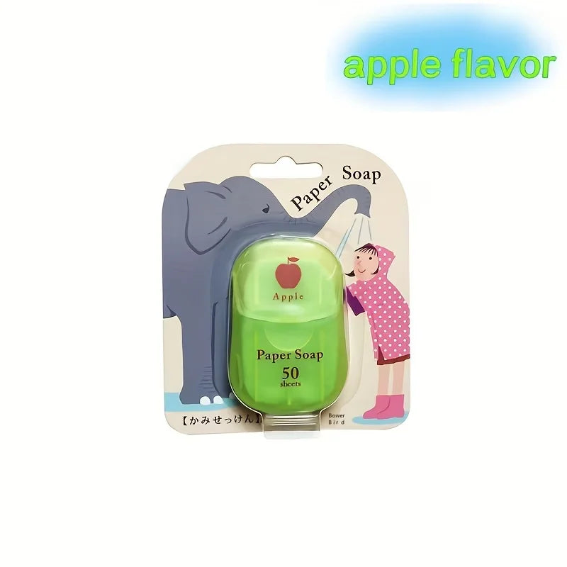 Paquete de hojas de jabón de papel sabor manzana con personaje de elefante y una niña.