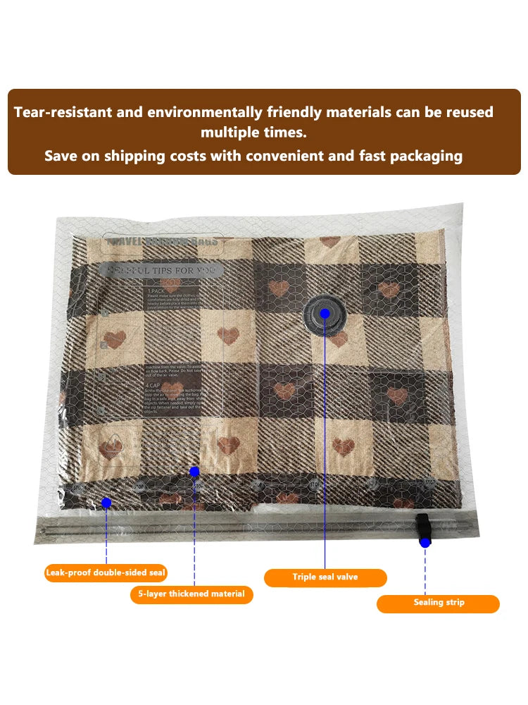 A brown and black plaid reusable travel bag with a sealed lining and triple valve.