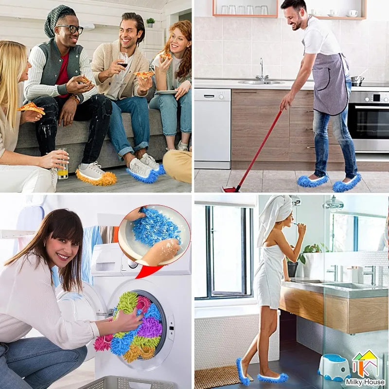 A woman is cleaning a floor with dust-absorbing slippers in a kitchen setting.