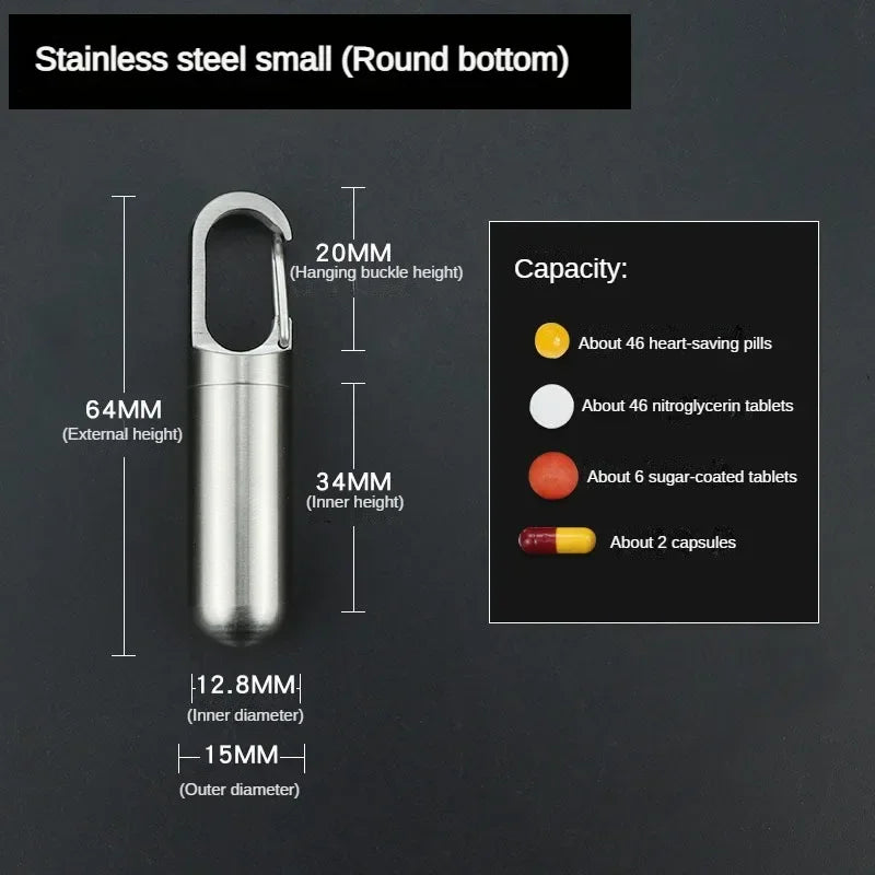 Stainless steel travel pill box showing dimensions including external and inner heights and diameters