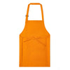 A bright orange kids adjustable apron and chef hat set hanging against a white background.
