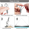 Four steps showing how to use an adjustable stainless steel wire rope hanging kit to hang a picture on the wall.