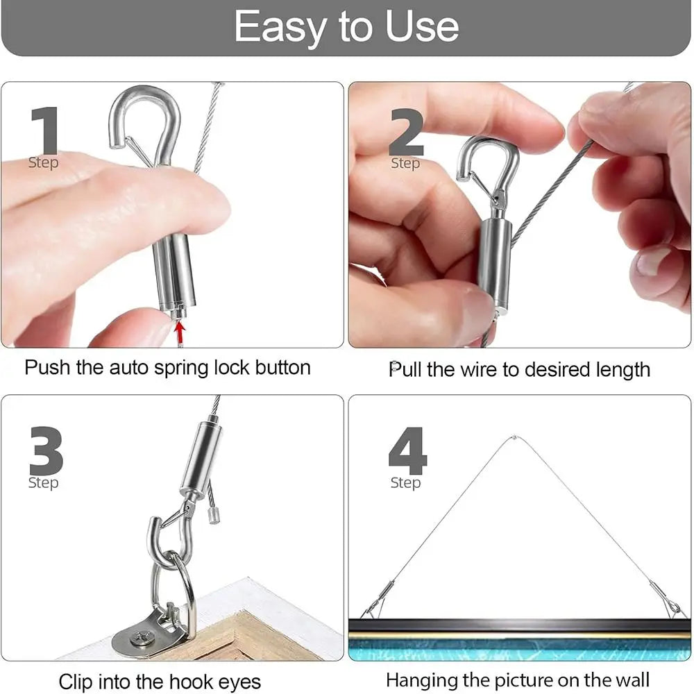 Four steps showing how to use an adjustable stainless steel wire rope hanging kit to hang a picture on the wall.