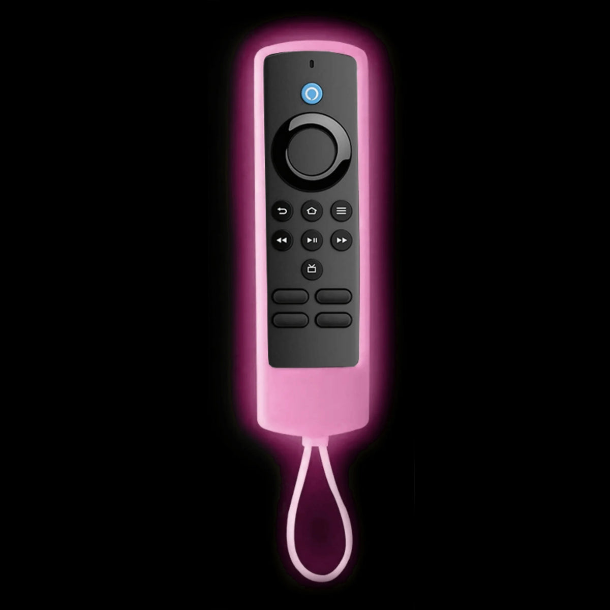 Cubierta de silicona con luz nocturna rosa para Fire Stick, mostrada contra un fondo negro.