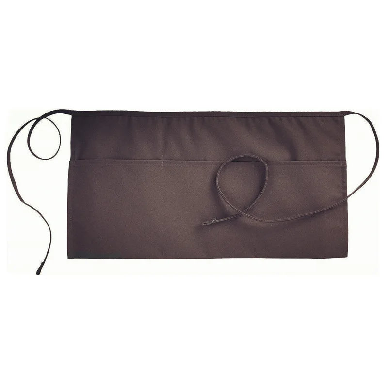 A dark brown fashion chef short apron with pockets and adjustable straps.