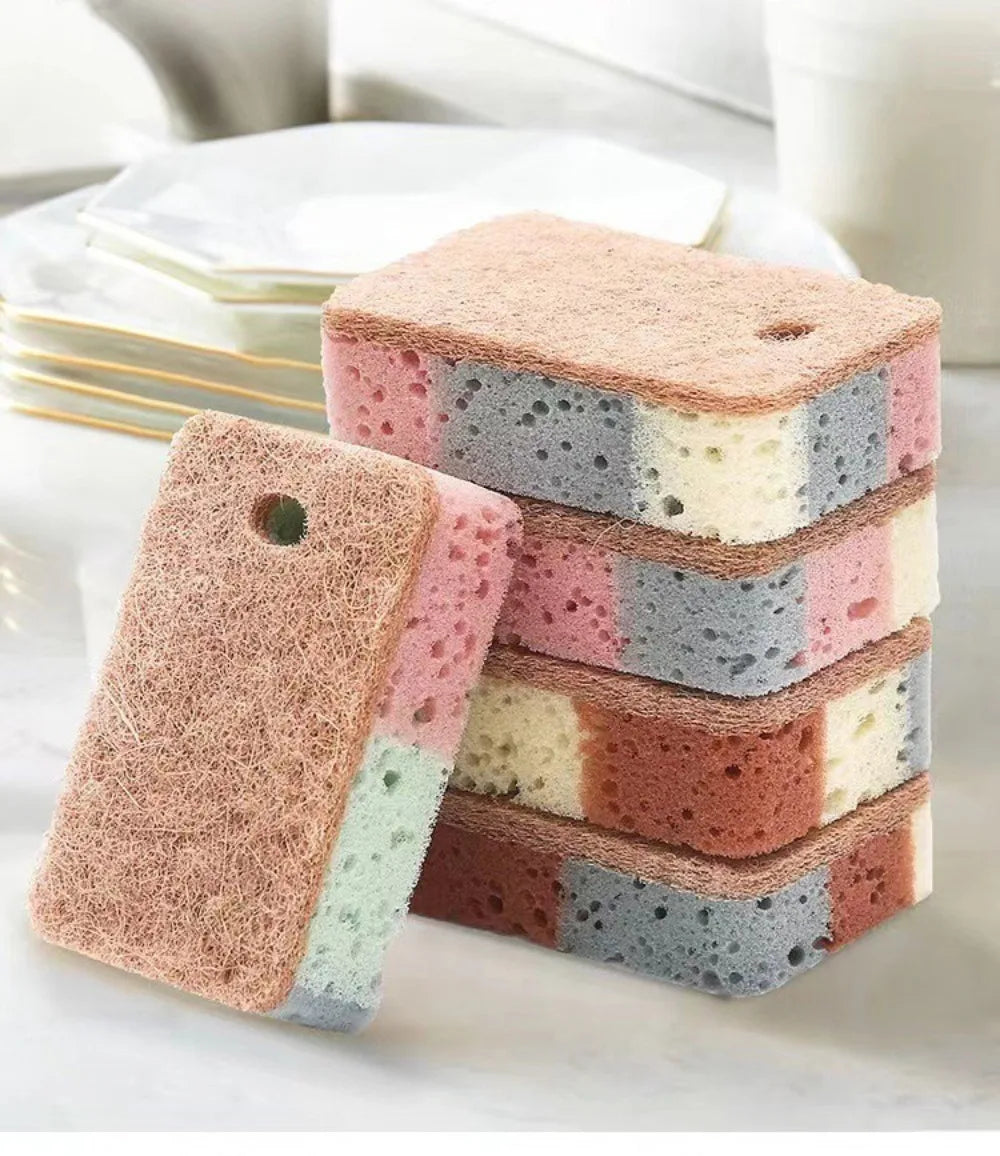 A stack of five eco-friendly double-sided cleaning sponges in pink, blue, and white colors.