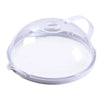A clear, round splash-proof oven cover with a handle, designed for cooking or baking.
