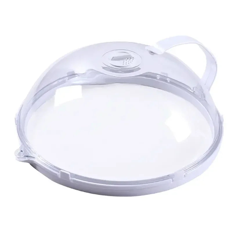 A clear, round splash-proof oven cover with a handle, designed for cooking or baking.