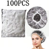 A package of 100 disposable transparent shower caps and a woman wearing one.