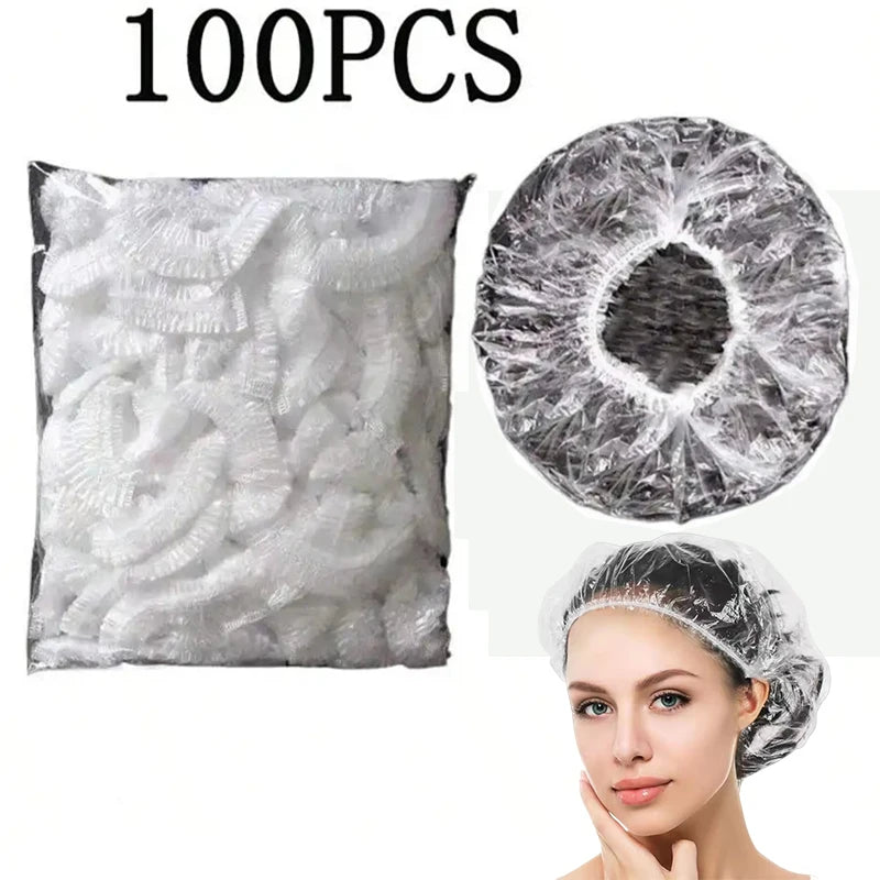 A package of 100 disposable transparent shower caps and a woman wearing one.
