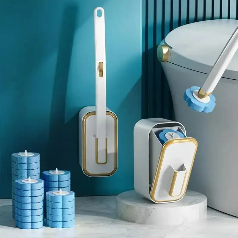 A white disposable toilet brush set with a long handle is displayed next to a modern toilet.