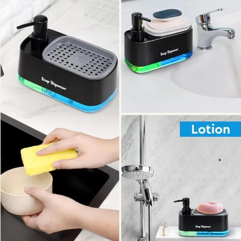 Un distributeur de savon noir avec une lumière verte, une éponge jaune et une bouteille de lotion sont présentés sur un compt