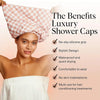 A woman wearing a pink checkered luxury shower cap, demonstrating its style and features.