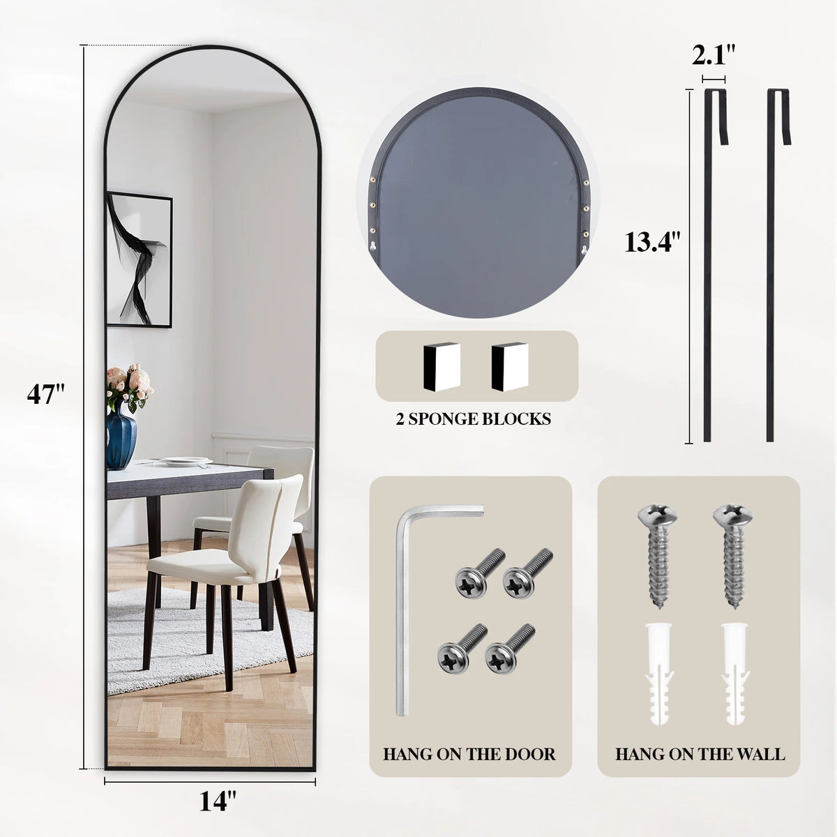 A full body wall mirror with an aluminum frame shown alongside mounting hardware options for the door and wall.