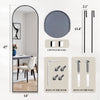 A full body wall mirror with an aluminum frame shown alongside mounting hardware options for the door and wall.