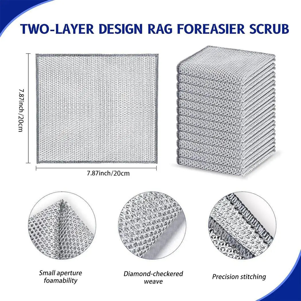 Stack of two-layer design rag foresier scrub showing different weave patterns and stitching details
