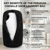 A black knitted laundry bag designed to protect and clean shoes during washing machine cycles.