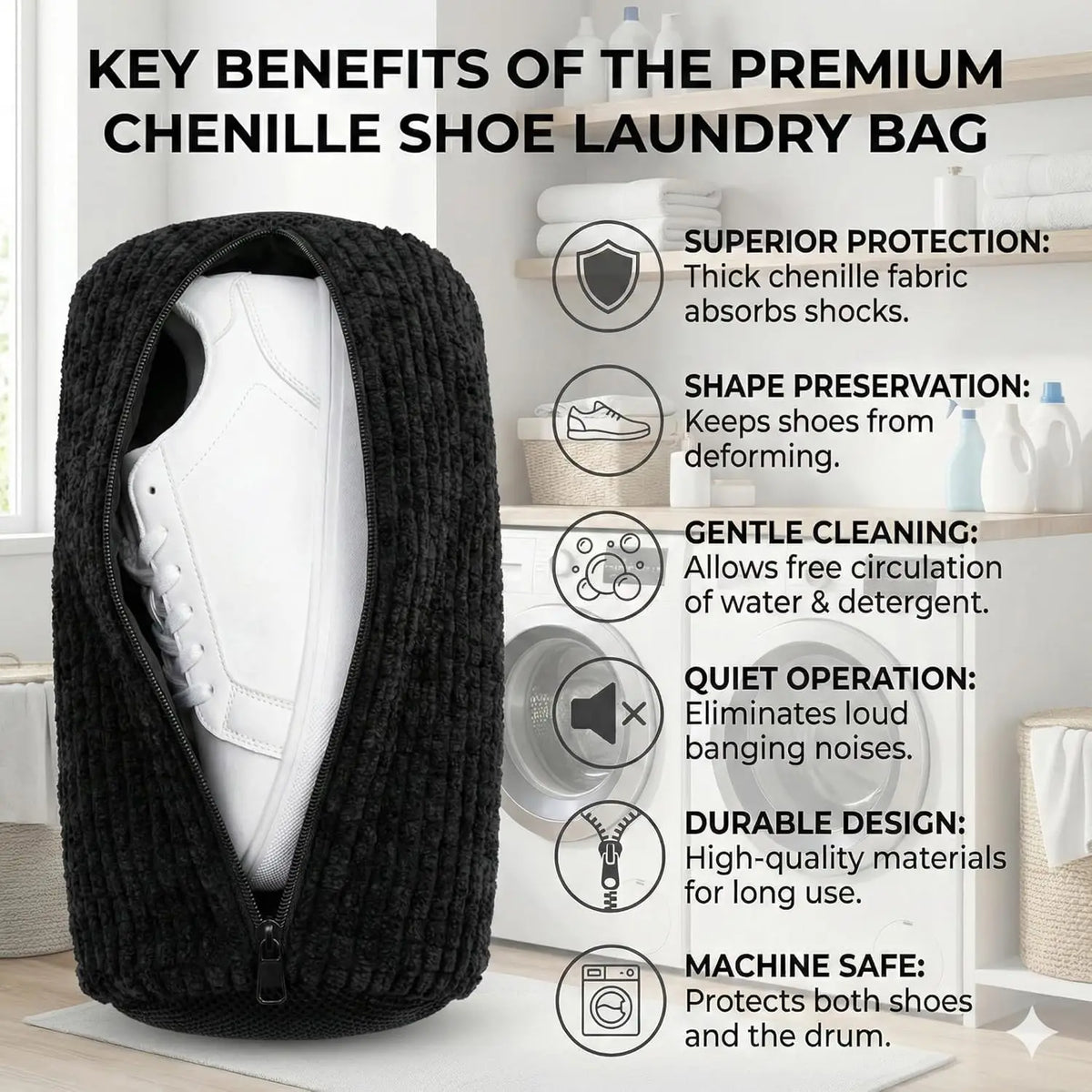 A black knitted laundry bag designed to protect and clean shoes during washing machine cycles.