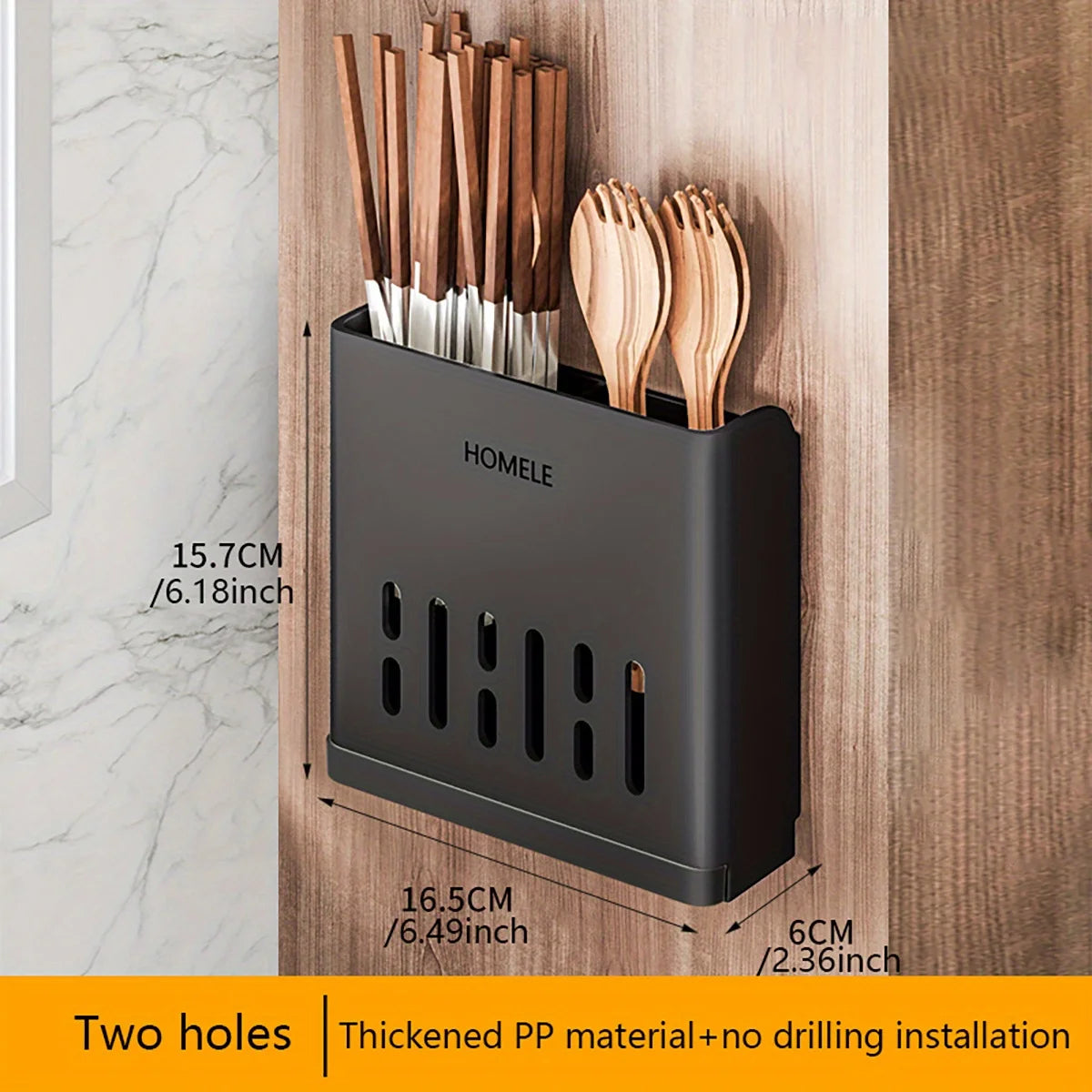 A black cutlery storage rack with two holes and a thickened PP material for no drilling installation, holding wooden utensils