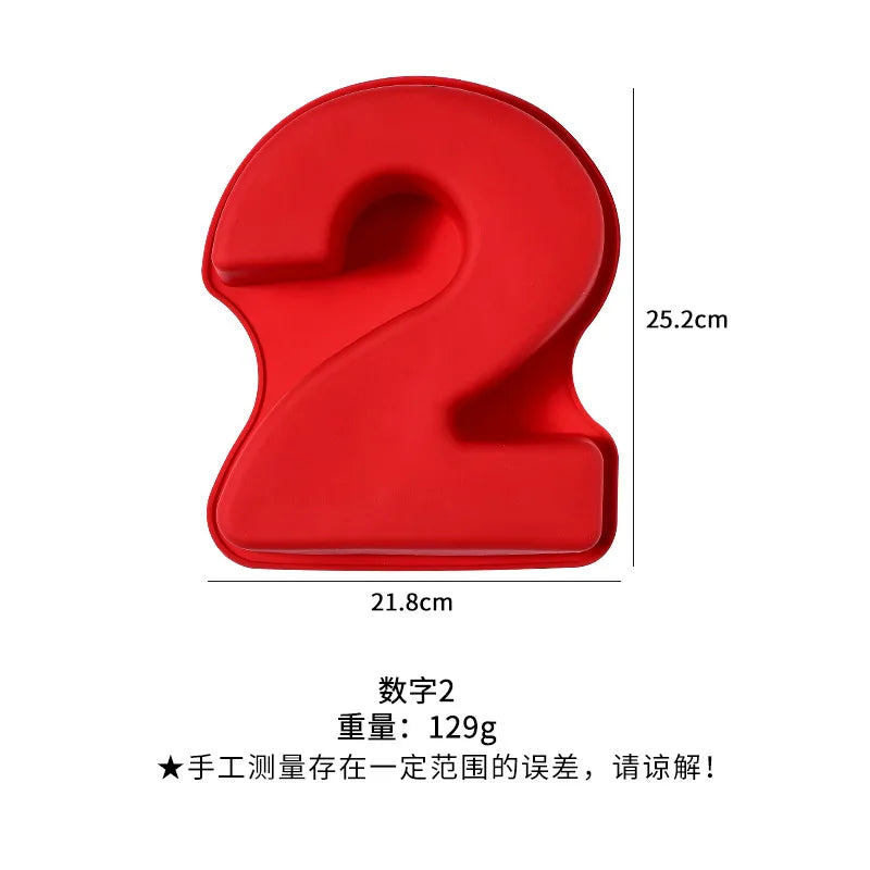 A red silicone number 2 cake mold with a smooth, rounded design.