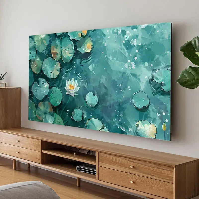 A painting featuring teal and green watercolor leaves and light spots on a canvas.