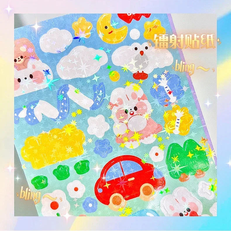 A colorful illustration featuring various cute, fluffy, and round characters and objects suitable for a DIY sticker pack.