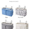 Four color options of a bedside storage rack with hanging basket: blue, grey triangle, grey, and white.