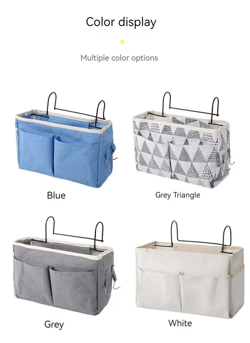 Four color options of a bedside storage rack with hanging basket: blue, grey triangle, grey, and white.