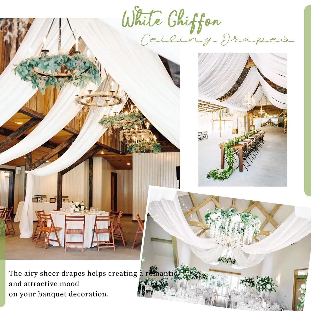 White chiffon ceiling drapes creating a romantic and attractive mood for an event or banquet decoration.