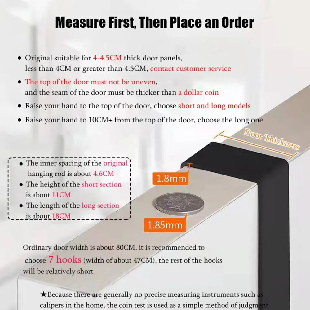 A set of heavy-duty adhesive door hooks is shown with measurements and a coin for scale.