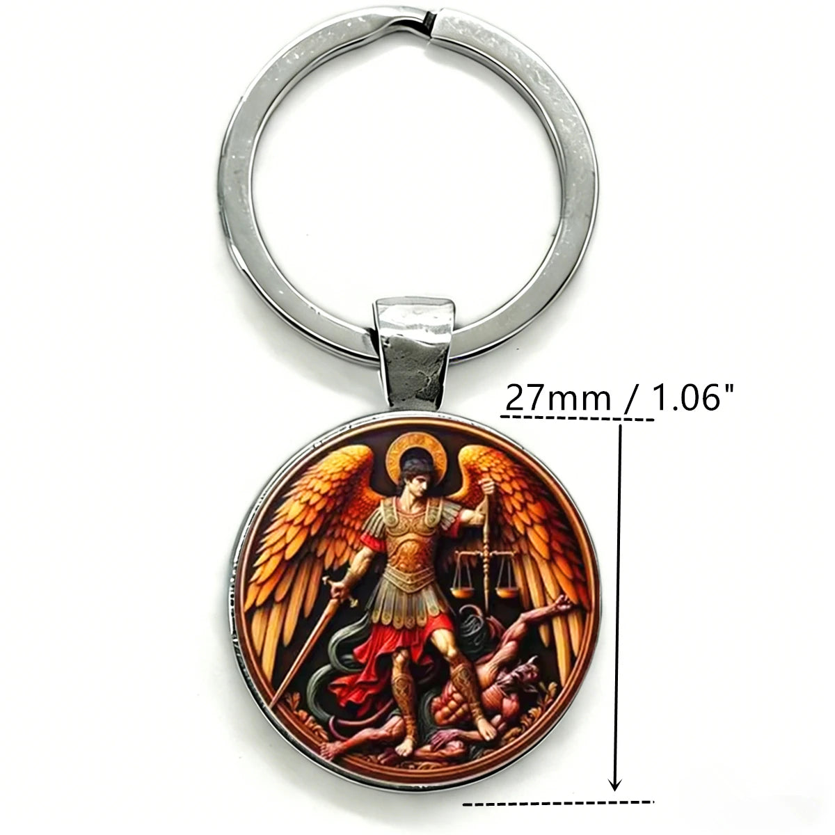 Silver keychain featuring a round pendant depicting the Saint Michael Archangel with wings and a sword.