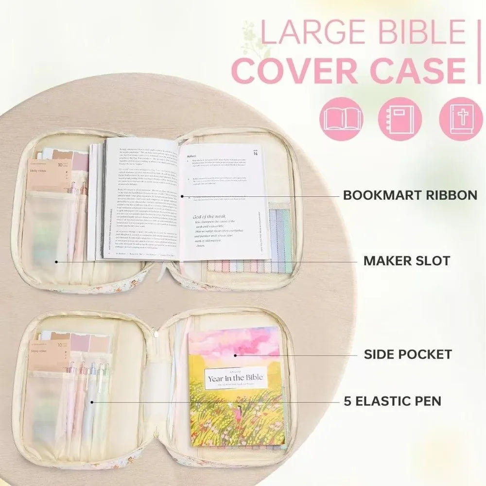 A large bible cover case featuring a quilted design with various pockets and accessories like a bookmark ribbon and elastic p
