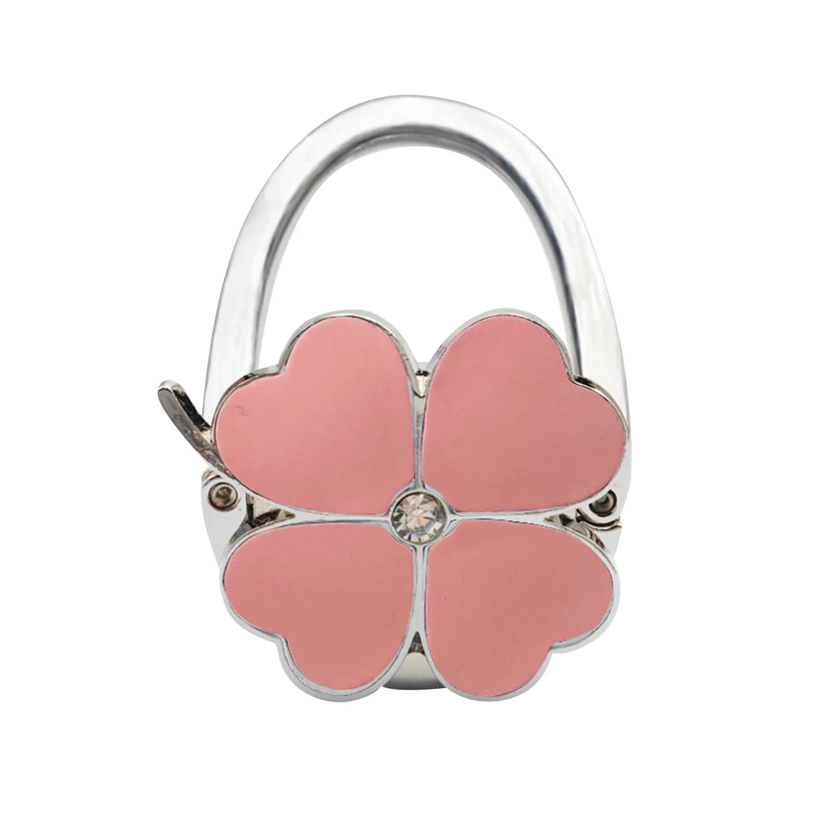 Silver foldable handbag hook with a pink flower design.