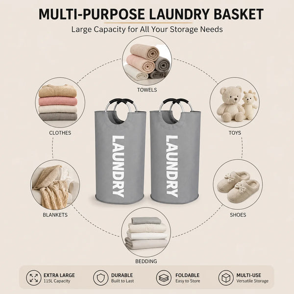 A set of two extra large, foldable laundry hampers in gray, shown with various items like towels, clothes, toys, blankets, an